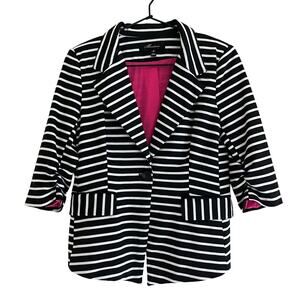 Monteau Stripe Blazer Jacket Black White Hot Pink Lined Stretch Button Size Med